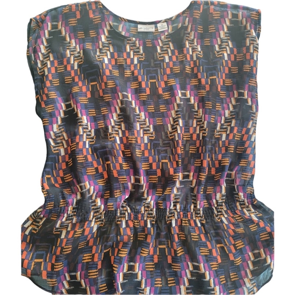 LIZ CLAIBORNE UEC Women’s Plus Size 1x peplum cap sleeve blouse black graphic